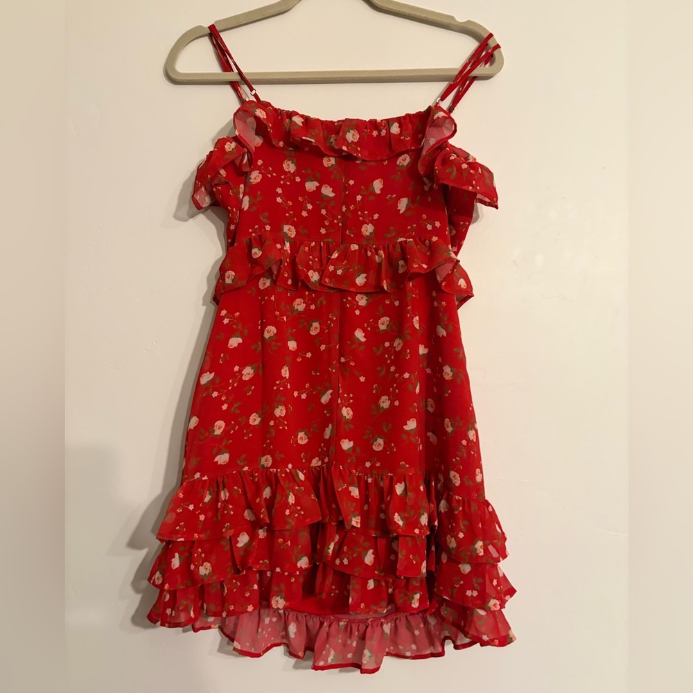 Privacy Please Dakota Mini Dress in Red Floral Ruffle Tiered in Medium - Picture 2 of 5